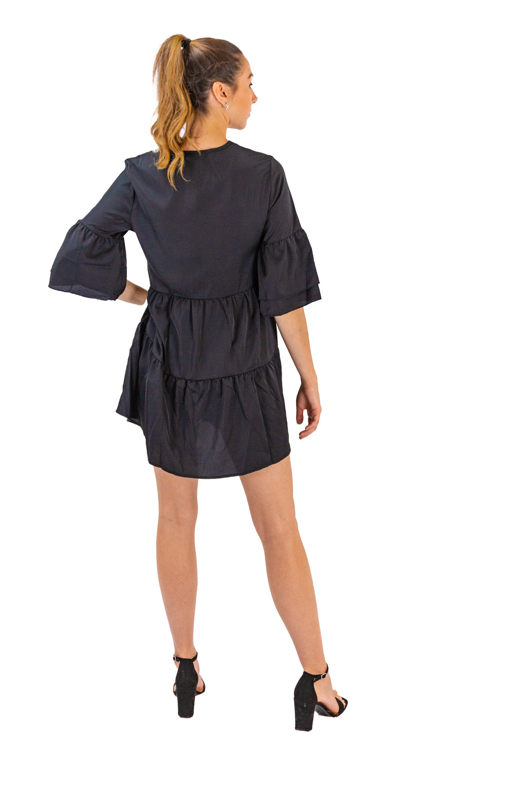 Black Tiered Midnight Dress With Ruffled Sleeves