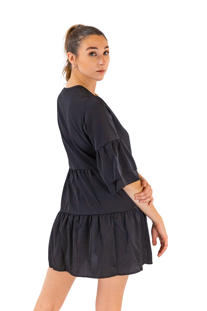 Black Tiered Midnight Dress With Ruffled Sleeves