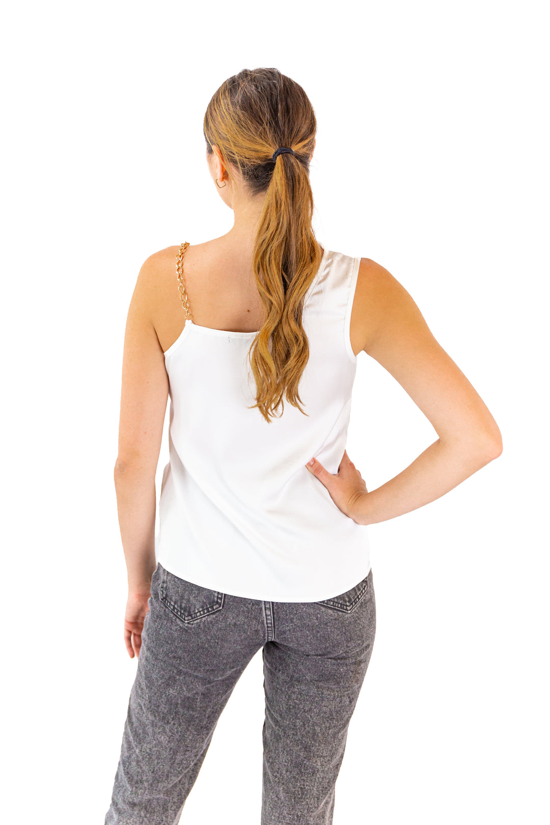 White Satin Tank Top With Chain Straps