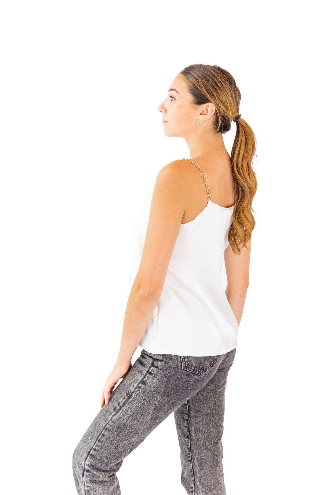 White Satin Tank Top With Chain Straps
