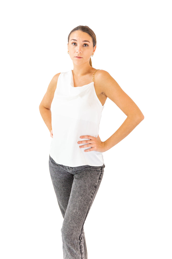 White Satin Tank Top With Chain Straps