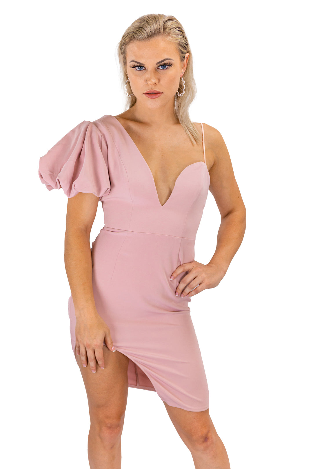  Pink Puff Sleeve Dress With Split Hem