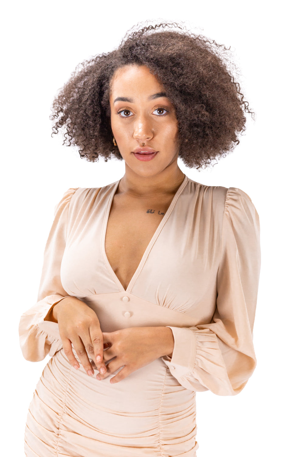 Beige Mini Ruched Button-up Dress With Full Sleeves