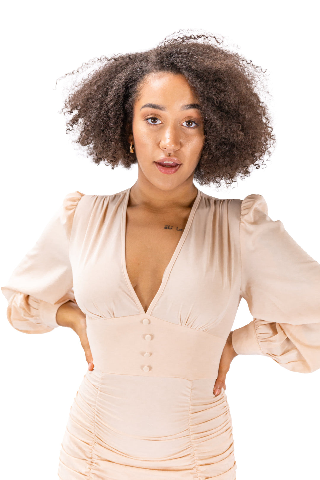 Beige Mini Ruched Button-up Dress With Full Sleeves