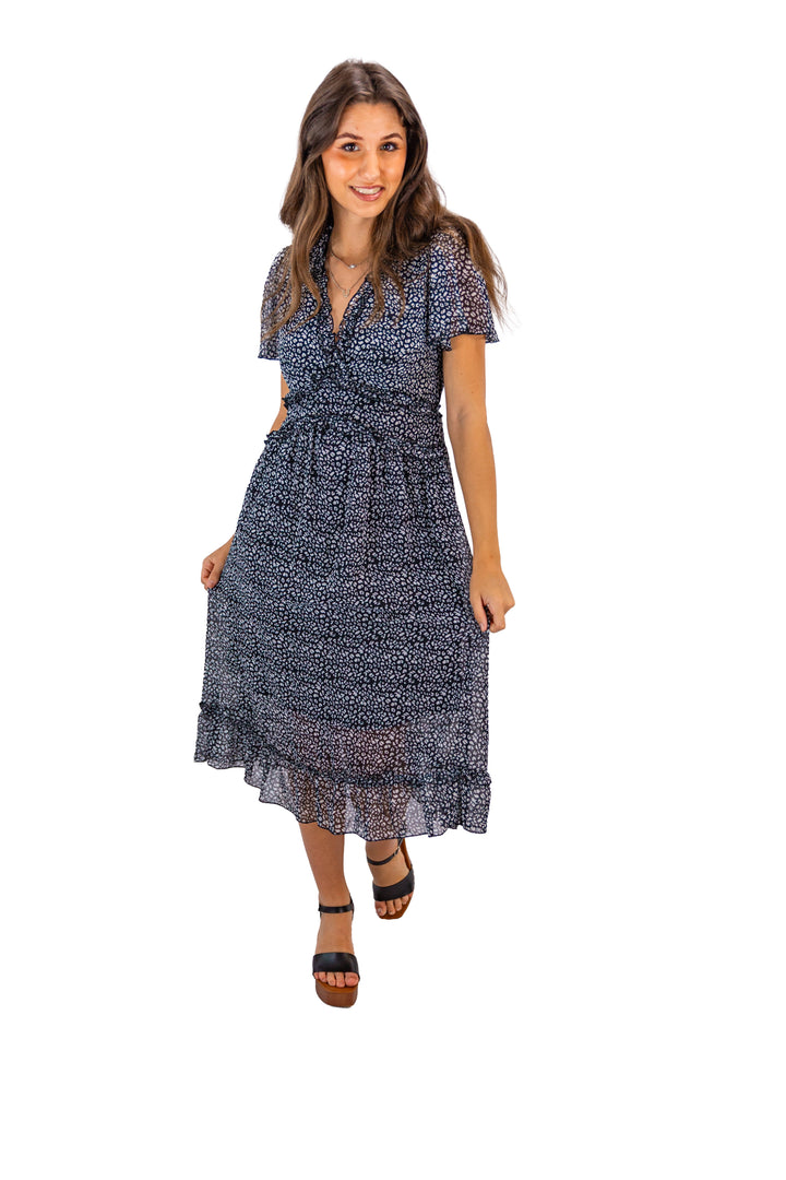 Black Layered Floral Midi Dress for Women