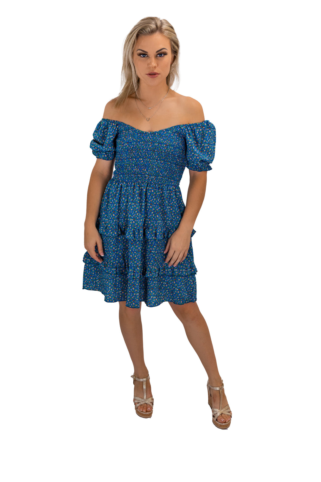 Blue Off-shoulder Ruffle Women's Dress