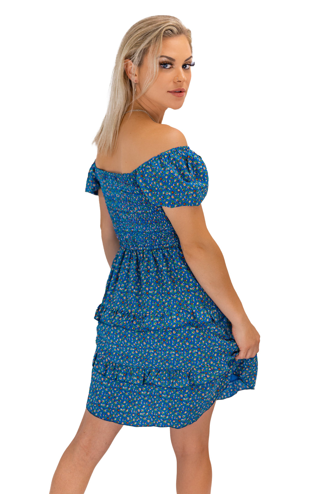 Blue Off-shoulder Ruffle Women's Dress