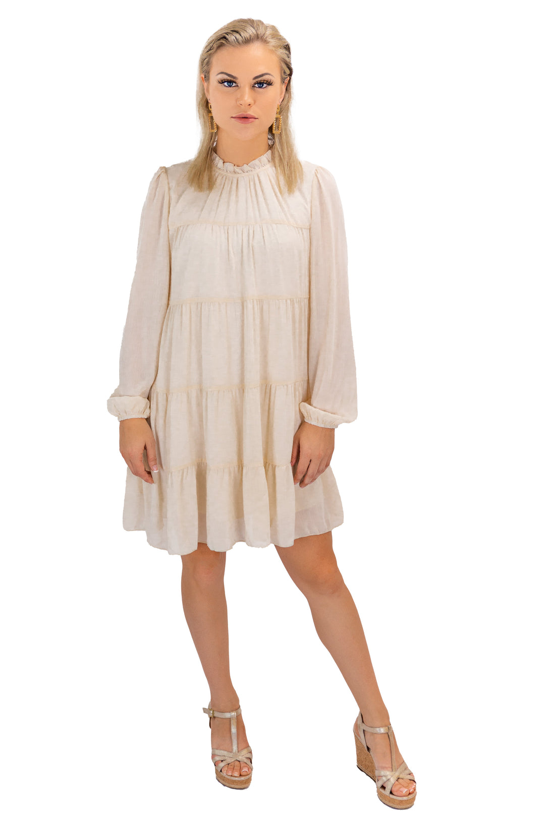 Brown Square Neckline Midi Dress With Dotted Detailing