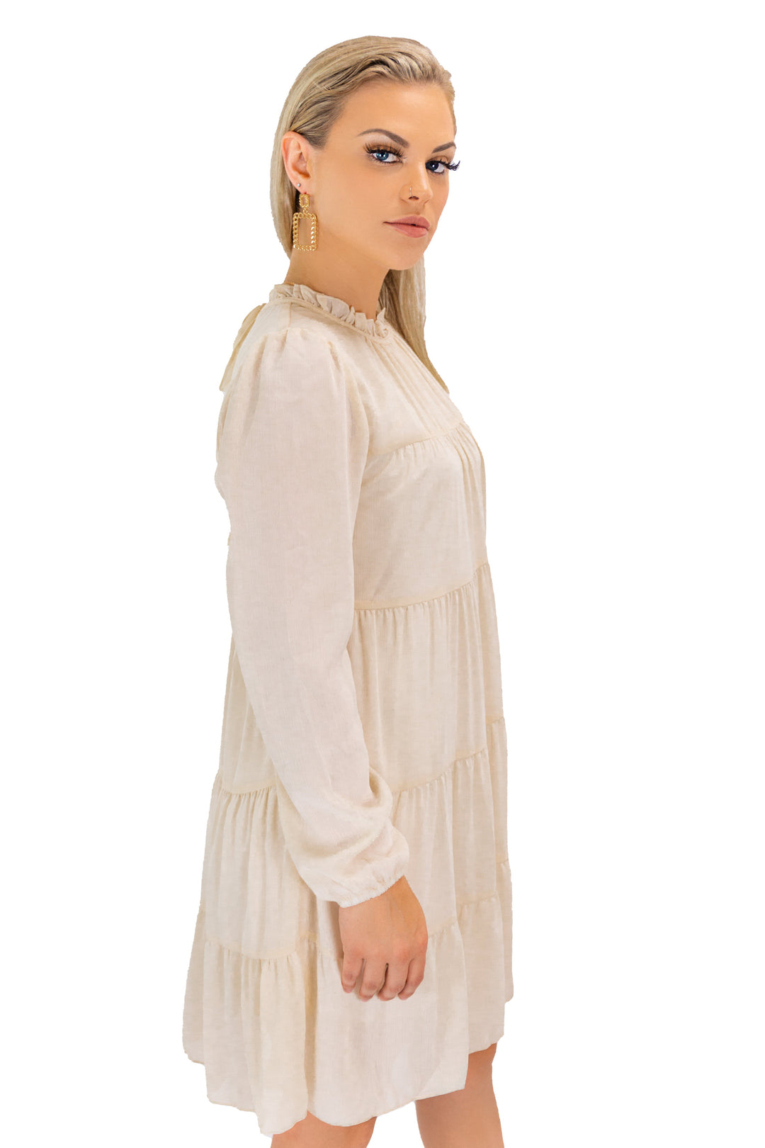 Brown Square Neckline Midi Dress With Dotted Detailing