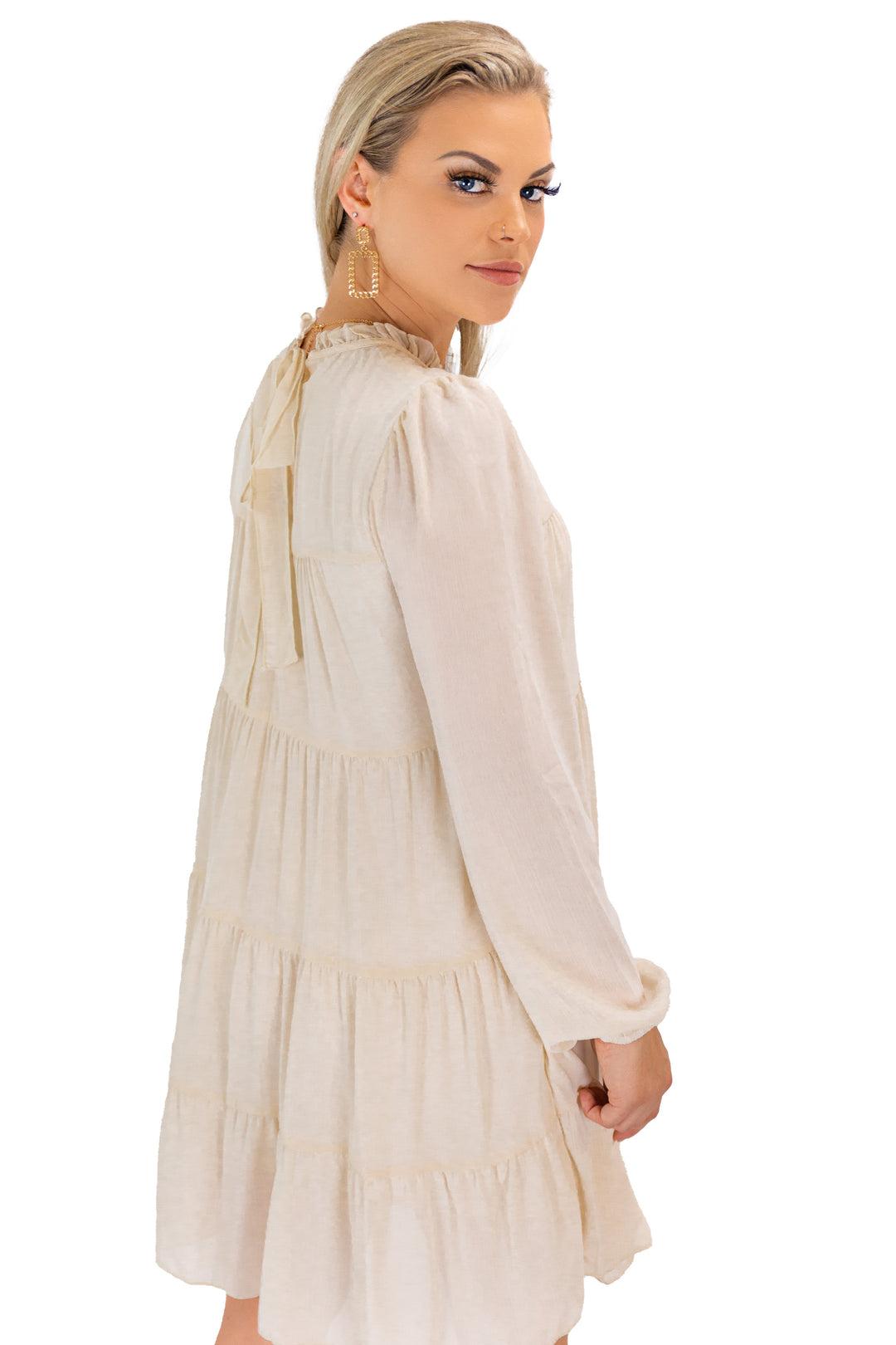 Brown Square Neckline Midi Dress With Dotted Detailing