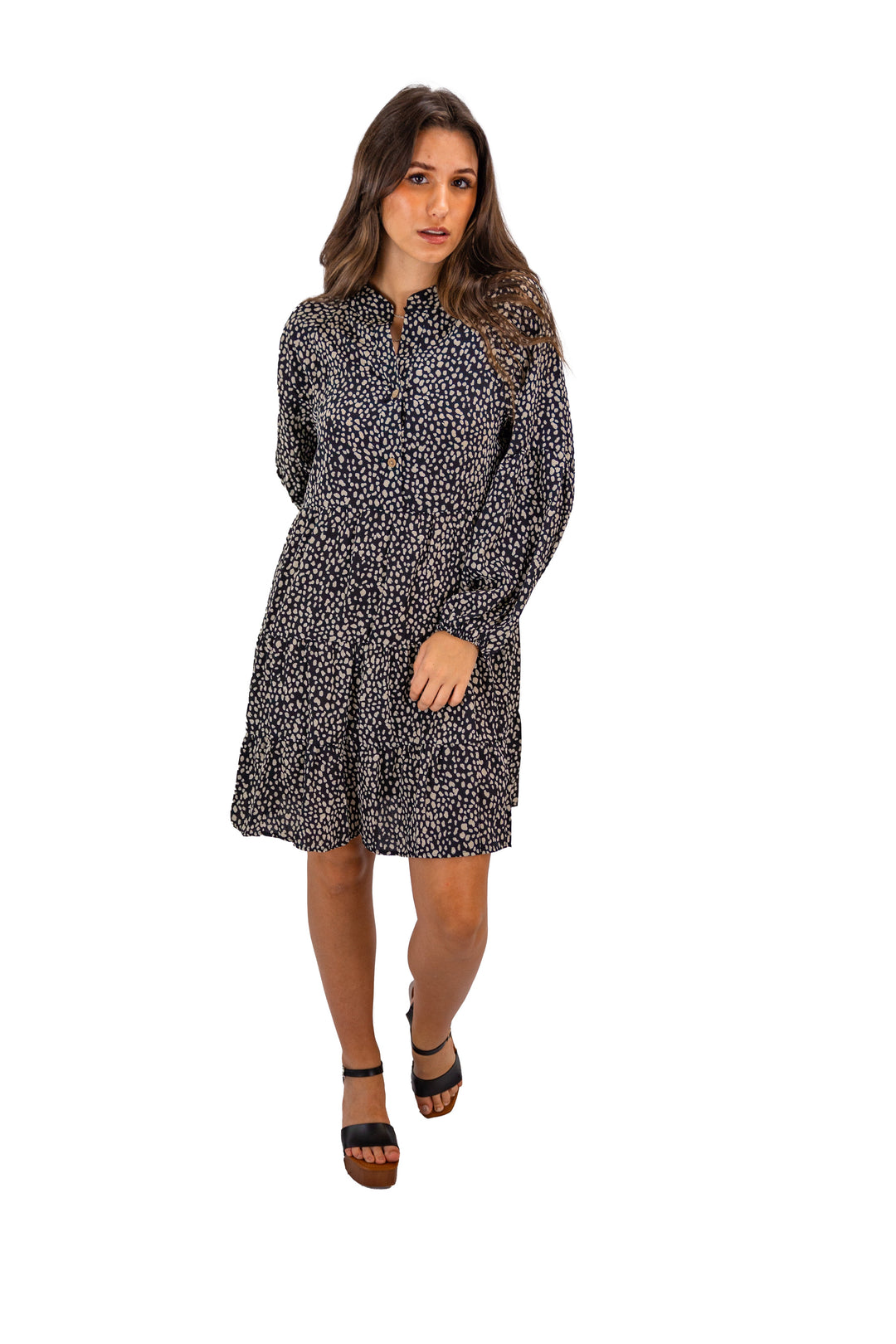 Black Speckled Long Sleeve Cotton Mini Dress