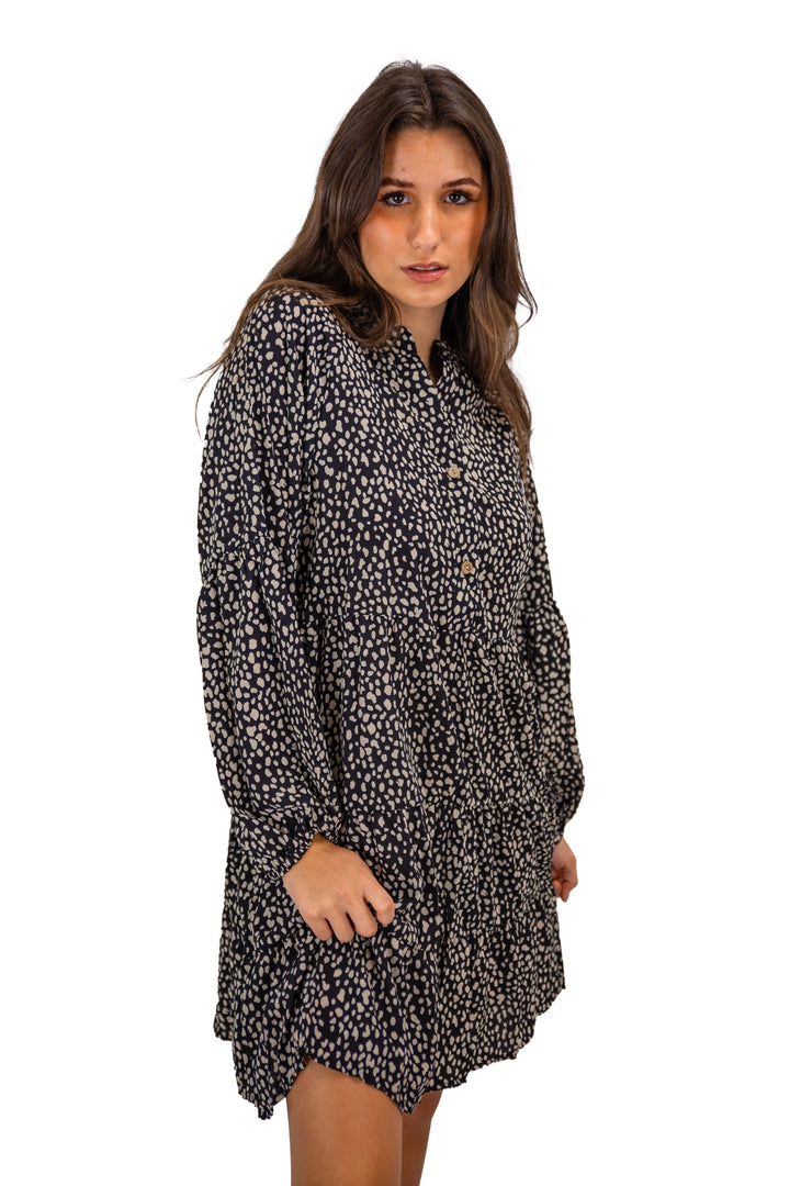 Black Speckled Long Sleeve Cotton Mini Dress