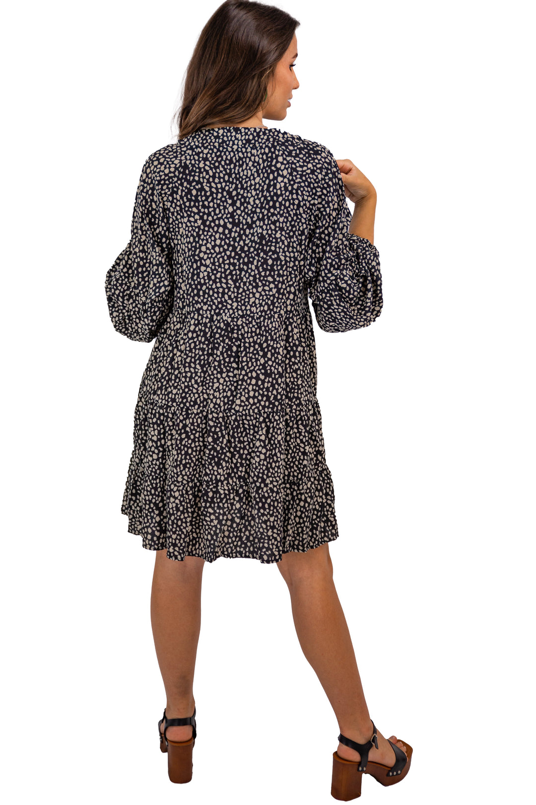 Black Speckled Long Sleeve Cotton Mini Dress