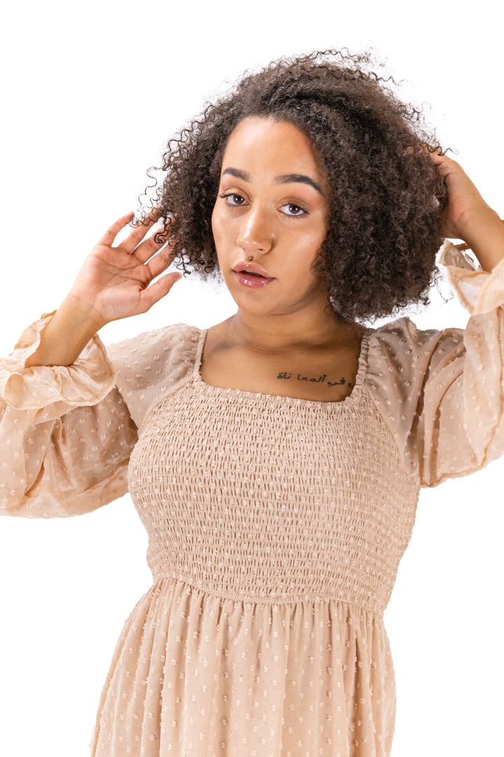 Brown Square Neckline Midi Dress With Dotted Detailing