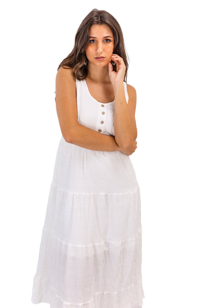 A-line Midi White Dress With Pockets & Ruffles