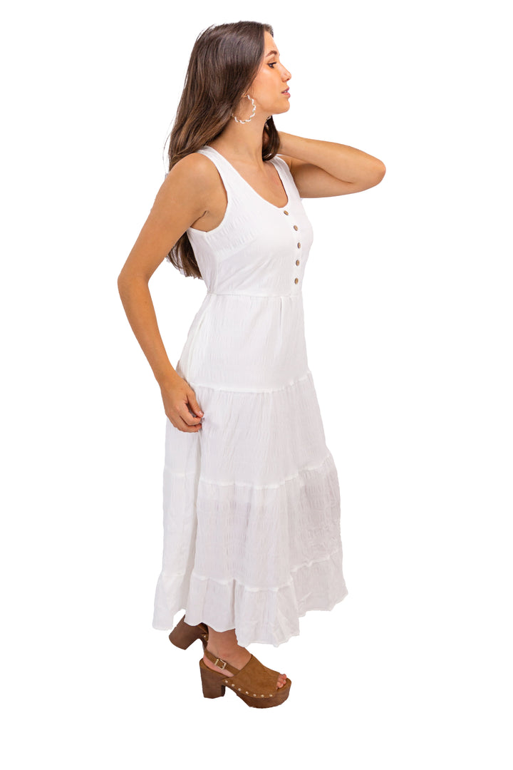 A-line Midi White Dress With Pockets & Ruffles