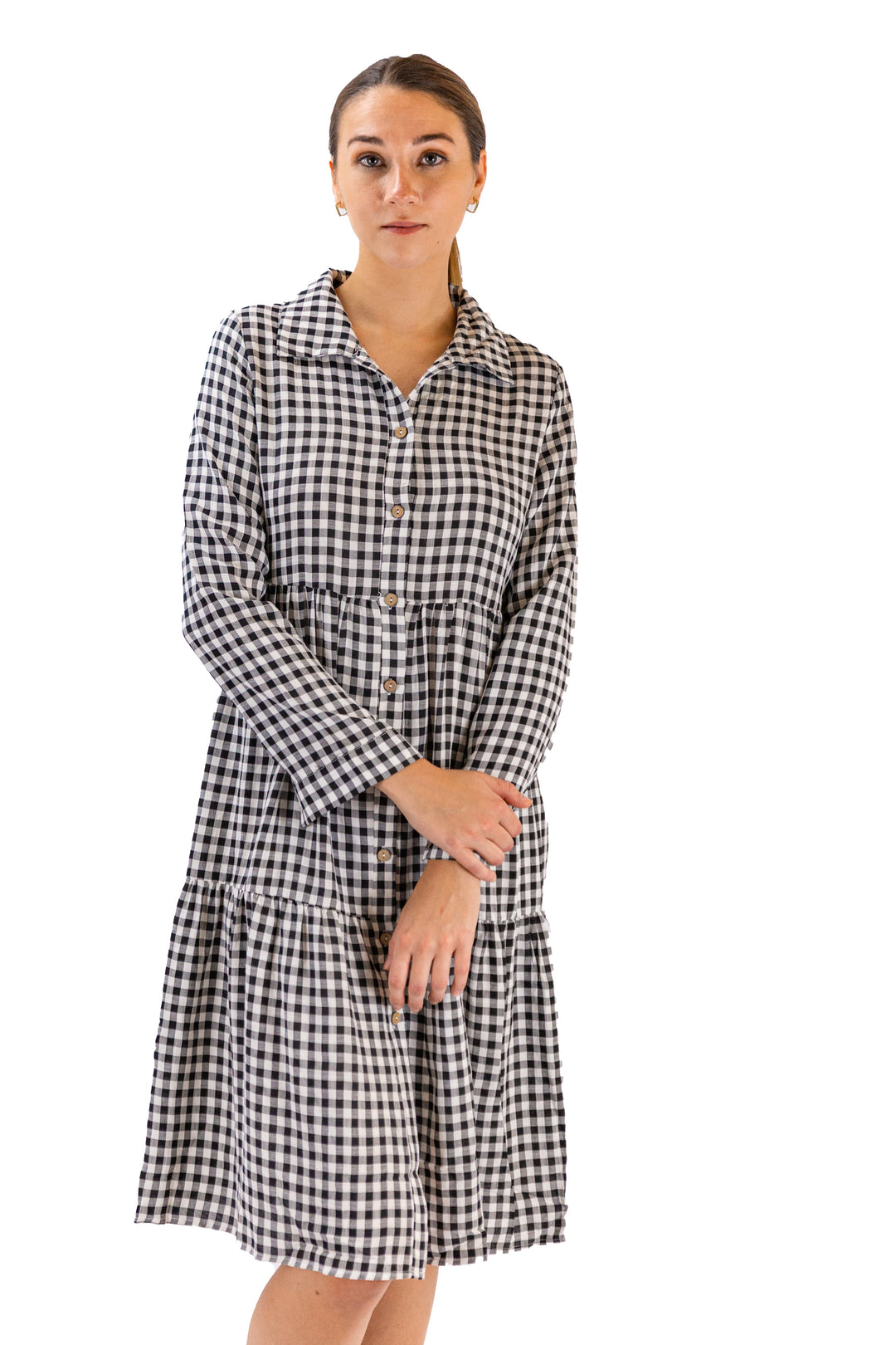 Monochrome Gingham Black Button-up Midi Dress
