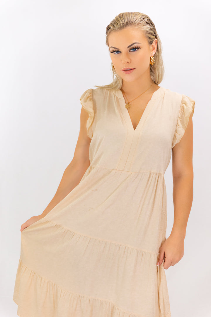 Deep V-neck Beige Maxi Party Dress for Women