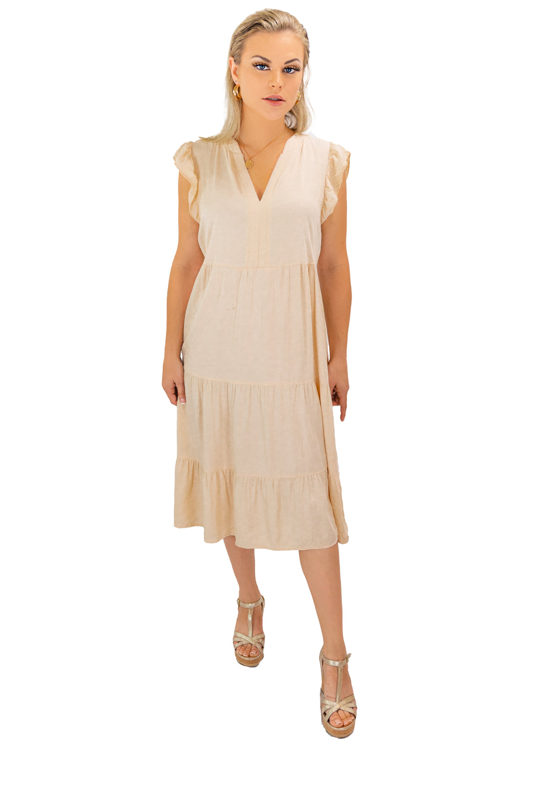 Deep V-neck Beige Maxi Party Dress for Women