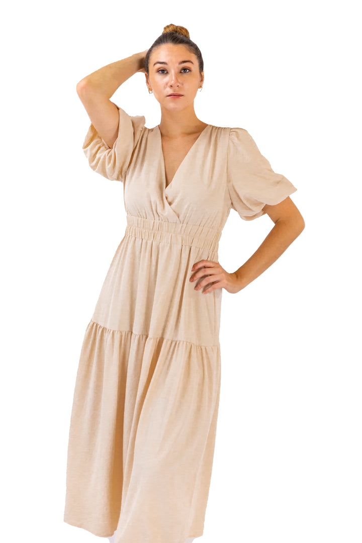 Beige Tiered Midi dress With Puffed Sleeves