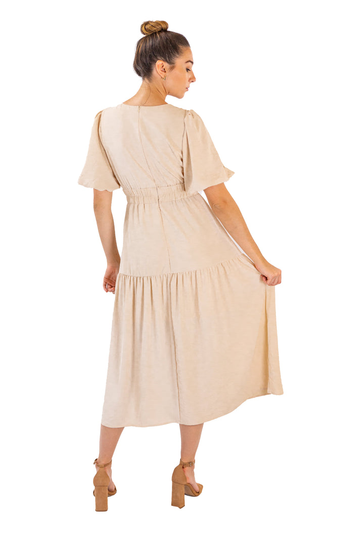 Beige Tiered Midi dress With Puffed Sleeves
