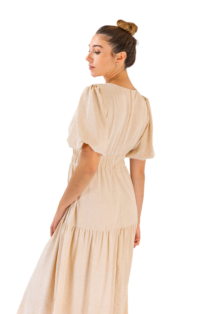 Beige Tiered Midi dress With Puffed Sleeves